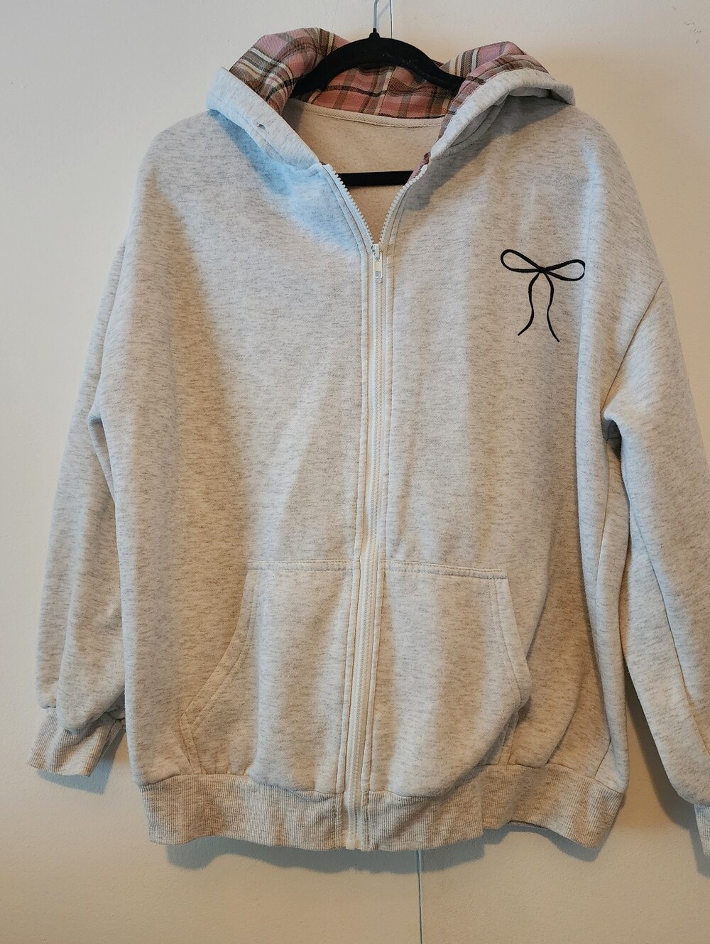 Dazy Grey Zip-Up Hoodie with Plaid Hood Lining - Size M​